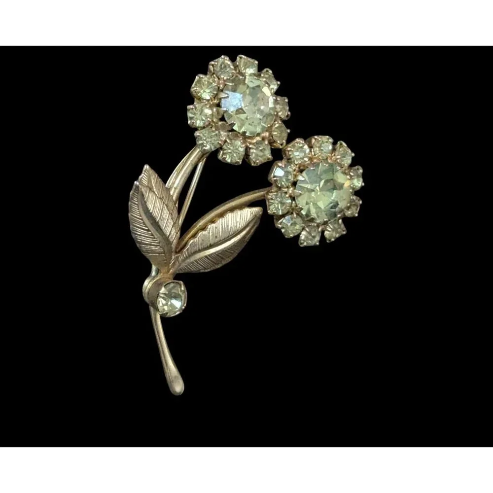 Vintage‎ Jonquil Rhinestone Floral Brooch Gold Tone 2